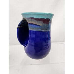 Neher Signed Left Hand Warmer 12oz Mug Blue Teal Pottery Clay In Motion 2019 EUC